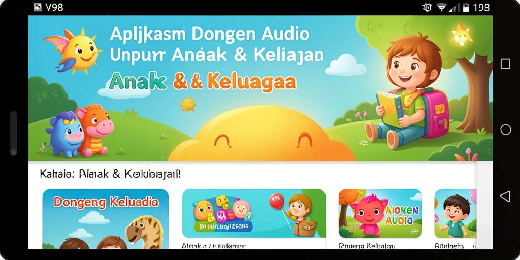 Antarmuka aplikasi V98 yang ramah anak dengan pilihan cerita menarik.