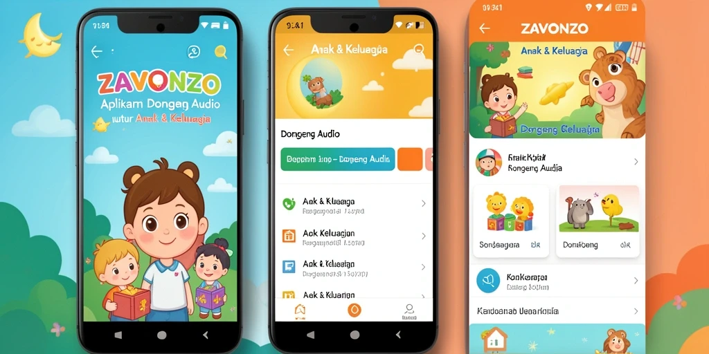 Tampilan antarmuka aplikasi ZAVONZO dengan koleksi dongeng audio.